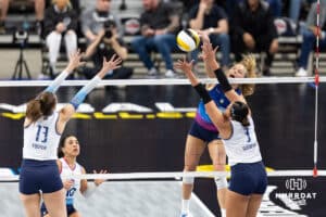 Omaha Supernovas Brooke Nuneviller (5) spikes the ball against Orlando Valkyrie Pornpun Guedpard (3) during professional volleyball event Thursday, February 27, 2025 in Lincoln, Nebraska. Photo by John S. Peterson.