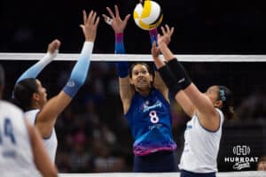 Omaha Supernovas Reagan Cooper (8) jumps to block the ball against Orlando Valkyrie Pornpun Guedpard (3) during professional volleyball event Thursday, February 27, 2025 in Lincoln, Nebraska. Photo by John S. Peterson.