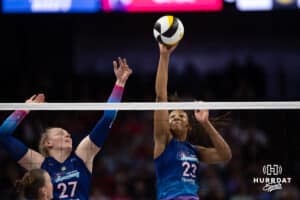 Omaha Supernovas Kaitlyn Hord (23) hits the ball against the Orlando Valkyries during professional volleyball event Thursday, February 27, 2025 in Lincoln, Nebraska. Photo by John S. Peterson.