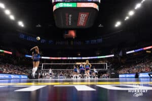 Omaha Supernovas Kayla Caffey (28) serves the ball against the Orlando Valkyries during professional volleyball event Thursday, February 27, 2025 in Lincoln, Nebraska. Photo by John S. Peterson.
