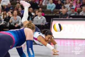 Omaha Supernovas Camila Gomez (10) dives for the ball against the Orlando Valkyries during professional volleyball event Thursday, February 27, 2025 in Lincoln, Nebraska. Photo by John S. Peterson.