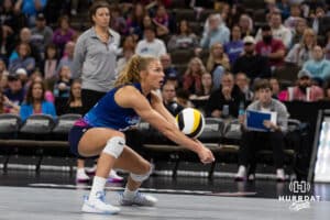 Omaha Supernovas Brooke Nuneviller (5) passes the ball against the Orlando Valkyries during professional volleyball event Thursday, February 27, 2025 in Lincoln, Nebraska. Photo by John S. Peterson.