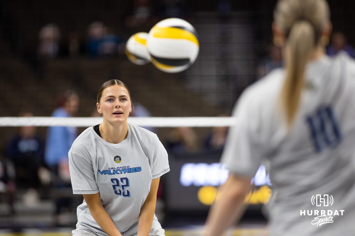 Omaha Supernovas Volleyball vs Orlando Valkyries | February 27, 2025 Orlando Valkyrie and former Creighton Bluejay Norah Sis (22) warms up before the match against the Omaha Supernovas during professional volleyball event Thursday, February 27, 2025 in Lincoln, Nebraska. Photo by John S. Peterson.