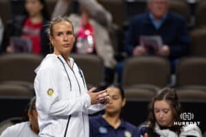 Orlando Valkyrie and former Creighton Bluejay Maddy Bilinovic (1) didn't suit up against the Omaha Supernovas during professional volleyball event Thursday, February 27, 2025 in Lincoln, Nebraska. Photo by John S. Peterson.