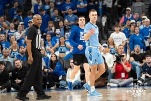 Creighton Bluejays Steven Ashworth looks confused as a lemon is thrown on the court during a college basketball game against Depaul on February 26th, 2025 in Omaha Nebraska. Photo by Brandon Tiedemann.