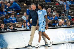 Creighton Bluejays Jamiya Neal talks with head coach Greg McDermott during a college basketball game against Depaul on February 26th, 2025 in Omaha Nebraska. Photo by Brandon Tiedemann.