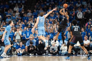 Creighton Bluejays Isaac Traudt contests a shot during a college basketball game against Depaul on February 26th, 2025 in Omaha Nebraska. Photo by Brandon Tiedemann.