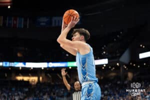 Creighton Bluejays Mason Miller looks to shoot a three during a college basketball game against Depaul on February 26th, 2025 in Omaha Nebraska. Photo by Brandon Tiedemann.