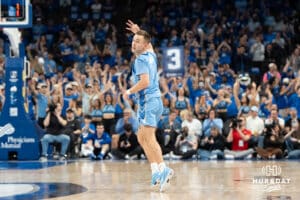 Creighton Bluejays Steven Ashworth celebrates a made three during a college basketball game against Depaul on February 26th, 2025 in Omaha Nebraska. Photo by Brandon Tiedemann.