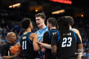 Creighton Bluejays Ryan Kalkbrenner talks with an opposing player during a college basketball game against Depaul on February 26th, 2025 in Omaha Nebraska. Photo by Brandon Tiedemann.
