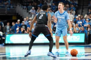 Creighton Bluejays Steven Ashworth calls out a play during a college basketball game against Depaul on February 26th, 2025 in Omaha Nebraska. Photo by Brandon Tiedemann.