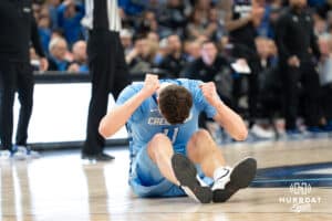 Creighton Bluejays Ryan Kalkbrenner upset during a college basketball game against Depaul on February 26th, 2025 in Omaha Nebraska. Photo by Brandon Tiedemann.