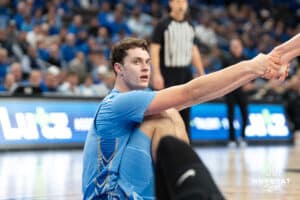 Creighton Bluejays Ryan Kalkbrenner looks at the ref during a college basketball game against Depaul on February 26th, 2025 in Omaha Nebraska. Photo by Brandon Tiedemann.