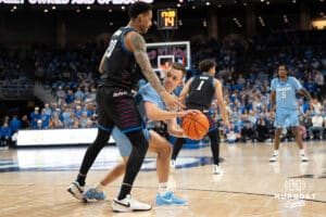 Creighton Bluejays Steven Ashworth looks to pass during a college basketball game against Depaul on February 26th, 2025 in Omaha Nebraska. Photo by Brandon Tiedemann.