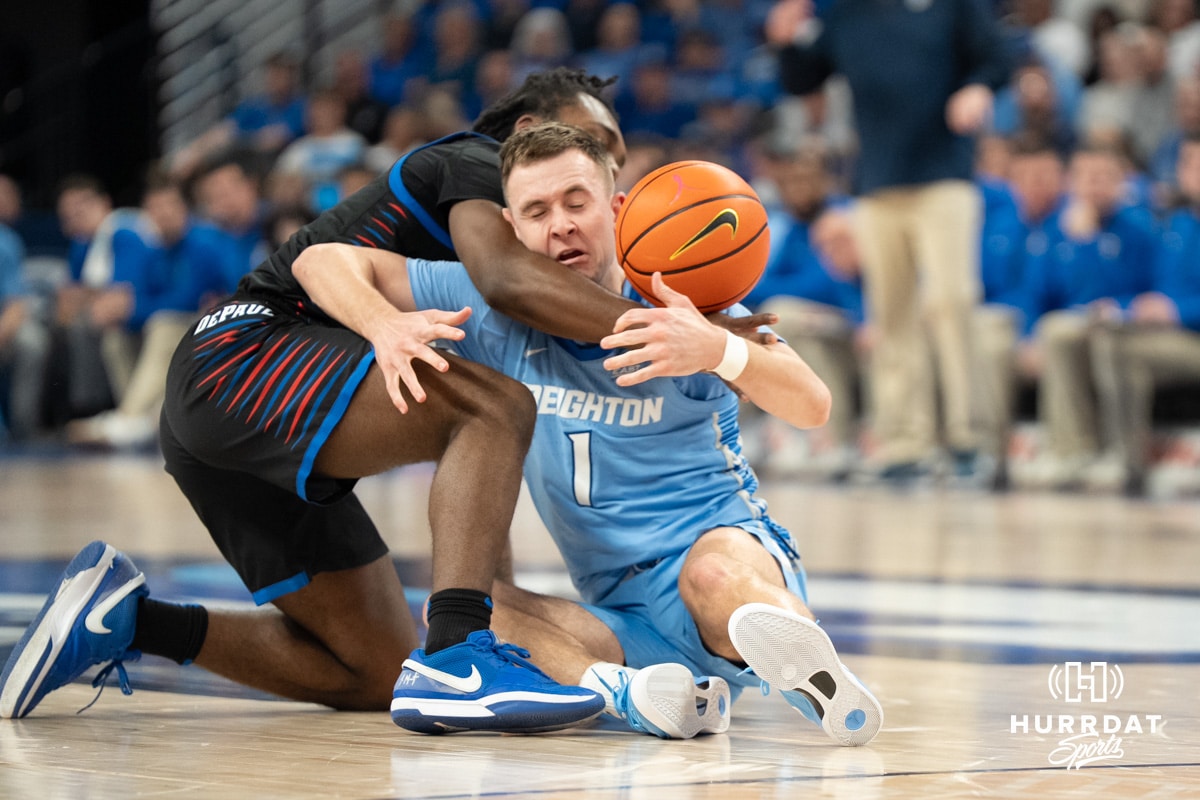 Creighton Bluejays Steven Ashworth getting pushed around during a college basketball game against Depaul on February 26th, 2025 in Omaha Nebraska. Photo by Brandon Tiedemann.