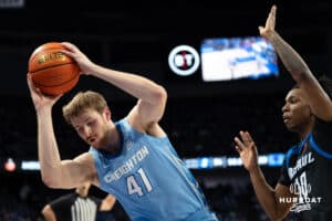 Creighton Bluejays Isaac Traudt makes sure he stays inbounds during a college basketball game against Depaul on February 26th, 2025 in Omaha Nebraska. Photo by Brandon Tiedemann.