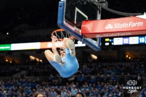 Creighton Bluejays Fedor Žugić after dunking during a college basketball game against Depaul on February 26th, 2025 in Omaha Nebraska. Photo by Brandon Tiedemann.