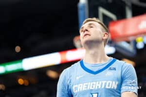 Creighton Bluejays Steven Ashworth upset after a foul during a college basketball game against Depaul on February 26th, 2025 in Omaha Nebraska. Photo by Brandon Tiedemann.