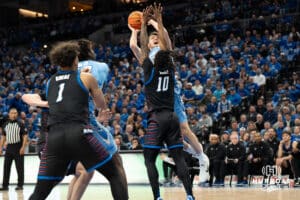 Creighton Bluejays Fedor Žugić looks to shoot during a college basketball game against Depaul on February 26th, 2025 in Omaha Nebraska. Photo by Brandon Tiedemann.