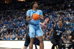 Creighton Bluejays Fredrick King looks to shoot during a college basketball game against Depaul on February 26th, 2025 in Omaha Nebraska. Photo by Brandon Tiedemann.