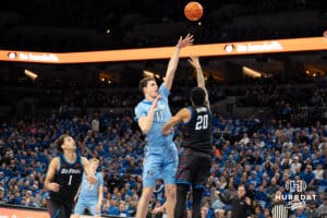 Creighton Bluejays Ryan Kalkbrenner shoots a hook shot during a college basketball game against Depaul on February 26th, 2025 in Omaha Nebraska. Photo by Brandon Tiedemann.