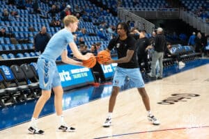 Creighton Bluejays Jackson McAndrew and Jamiya Neal do their pregame ritural before a college basketball game against Depaul on February 26th, 2025 in Omaha Nebraska. Photo by Brandon Tiedemann.