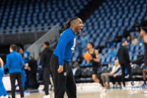 Creighton Bluejays Jahenns Manigat excited before a college basketball game against Depaul on February 26th, 2025 in Omaha Nebraska. Photo by Brandon Tiedemann.