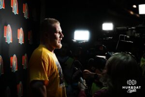 Omaha North's Tyson Terry takes questions from the media after taking first in the 285 weight class during the NSAA boys wrestling championships February 20, 2025 in Omaha, Nebraska.
