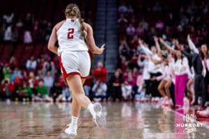 Nebraska Cornhusker guard Logan Nissley (2) celebrates making a three-point shot against the Oregon Ducks in the secon quarter during a college women’s basketball game Wednesday, February 19, 2025 in Lincoln, Nebraska. Photo by John S. Peterson.