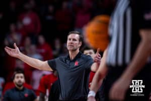 Nebraska Cornhusker head coach Fred Hoiberg reacts to the referee against the Michigan Wolverines in the second half during a college men’s basketball game Monday, February 24, 2025 in Lincoln, Nebraska. Photo by John S. Peterson.