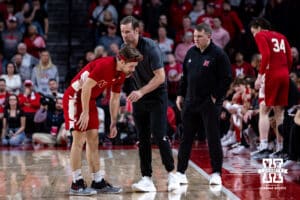 Nebraska Cornhusker head coach Fred Hoiberg talks to guard Sam Hoiberg (1) late in the second half against the Michigan Wolverines during a college men’s basketball game Monday, February 24, 2025 in Lincoln, Nebraska. Photo by John S. Peterson.