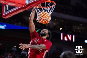 Nebraska Cornhusker guard Brice Williams (3) makes a dunk against Michigan Wolverines in the first half during a college men’s basketball game Monday, February 24, 2025 in Lincoln, Nebraska. Photo by John S. Peterson.