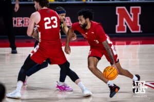 Nebraska Cornhusker guard Brice Williams (3) drives to the basket against the Michigan Wolverines in the first half during a college men’s basketball game Monday, February 24, 2025 in Lincoln, Nebraska. Photo by John S. Peterson.