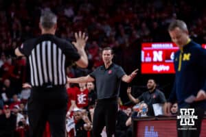 Nebraska Cornhusker head coach Fred Hoiberg reacts to the call be the referees against the Michigan Wolverines during a college men’s basketball game Monday, February 24, 2025 in Lincoln, Nebraska. Photo by John S. Peterson.