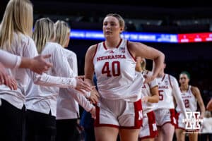 Nebraska Cornhusker center Alexis Markowski (40) heads to the bench that last time for a home game against the Washington Huskies during a college women’s basketball game Sunday, February 23, 2025 in Lincoln, Nebraska. Photo by John S. Peterson.
