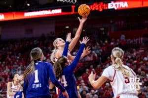 layup against Washington Huskies guard Elle Ladine (24) in the fourth quarter during a college women’s basketball game Sunday, February 23, 2025 in Lincoln, Nebraska. Photo by John S. Peterson.