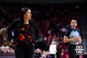 Nebraska Cornhusker head coach Amy Williams reacts to the referees non-calls against the Washington Huskies during a college women’s basketball game Sunday, February 23, 2025 in Lincoln, Nebraska. Photo by John S. Peterson.