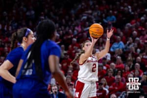 Nebraska Cornhusker guard Logan Nissley (2) makes a basket against the Washington Huskies in the third quarter during a college women’s basketball game Sunday, February 23, 2025 in Lincoln, Nebraska. Photo by John S. Peterson.