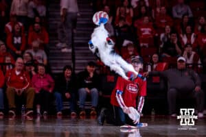 Disc Dogs performed for the halftime entertainment during a college women’s basketball game between the Nebraska Cornhuskers and the Washington Huskies Sunday, February 23, 2025 in Lincoln, Nebraska. Photo by John S. Peterson.