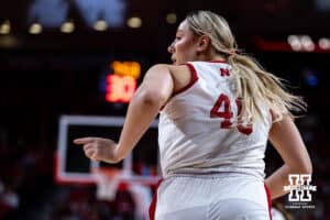 Nebraska Cornhusker center Alexis Markowski (40) runs back down the court against the Washington Huskies in the second quarter during a college women’s basketball game Sunday, February 23, 2025 in Lincoln, Nebraska. Photo by John S. Peterson.