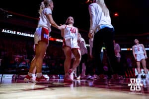 Nebraska Cornhusker center Alexis Markowski (40) introduction before the game against the Washington Huskies during a college women’s basketball game Sunday, February 23, 2025 in Lincoln, Nebraska. Photo by John S. Peterson.