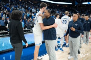 Creighton Bluejays Ryan Kalkbrenner talks with Georgetown head coach Ed Cooley after a college basketball game against Georgetown on February 23rd, 2025 in Omaha Nebraska. Photo by Brandon Tiedemann.