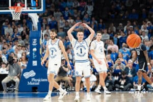 Creighton Bluejays Steven Ashworth pumps up the crowd during a college basketball game against Georgetown on February 23rd, 2025 in Omaha Nebraska. Photo by Brandon Tiedemann.