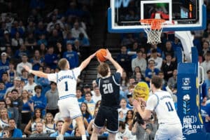 Creighton Bluejays Steven Ashworth blocks a shot during a college basketball game against Georgetown on February 23rd, 2025 in Omaha Nebraska. Photo by Brandon Tiedemann.