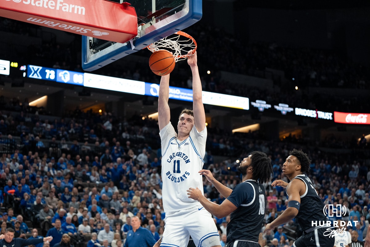 Creighton Bluejays Ryan Kalkbrenner dunks during a college basketball game against Georgetown on February 23rd, 2025 in Omaha Nebraska. Photo by Brandon Tiedemann.