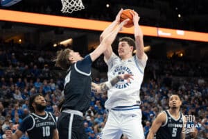 Creighton Bluejays Ryan Kalkbrenner looks to go up strong during a college basketball game against Georgetown on February 23rd, 2025 in Omaha Nebraska. Photo by Brandon Tiedemann.