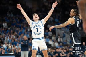 Creighton Bluejays Steven Ashworth gets fouled during a college basketball game against Georgetown on February 23rd, 2025 in Omaha Nebraska. Photo by Brandon Tiedemann.