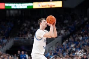 Creighton Bluejays Ryan Kalkbrenner looks to shoot a three during a college basketball game against Georgetown on February 23rd, 2025 in Omaha Nebraska. Photo by Brandon Tiedemann.