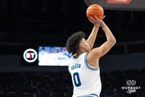 reighton Bluejays Jasen Green attempts a three pointer during a college basketball game against Georgetown on February 23rd, 2025 in Omaha Nebraska. Photo by Brandon Tiedemann.