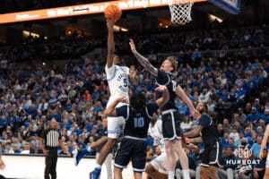 Creighton Bluejays Jamiya Neal shoots a floater during a college basketball game against Georgetown on February 23rd, 2025 in Omaha Nebraska. Photo by Brandon Tiedemann.